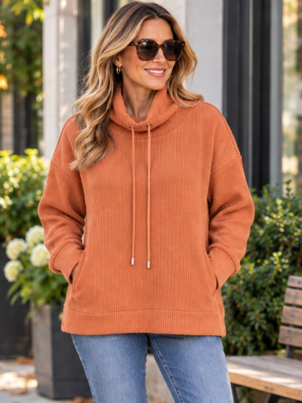 Marla Wynne Layers Soft Coral Ottoman Rib Cowl Neck Pullover Top L NWOT
